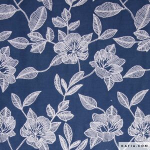 Voile de coton bleu avec broderie blanche - Katia